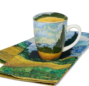 Taza con infusor de té y paño de cocina "Campo de trigo con cipreses" de Van Gogh